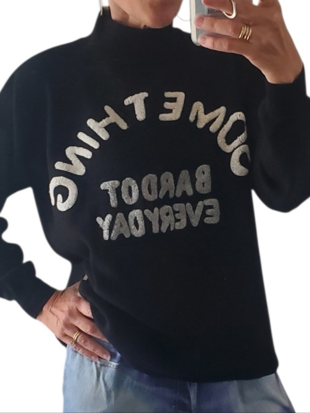 Brigitte Bardot Rare Oversized Mock Neck Graphic Wool Blend Pullover Sweater